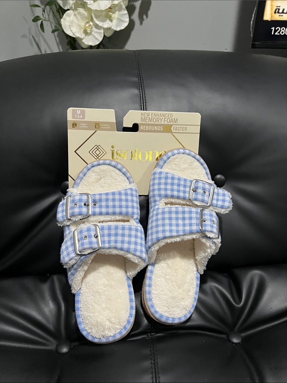 isotoner Blue Gingham Memory Foam Slide Slippers